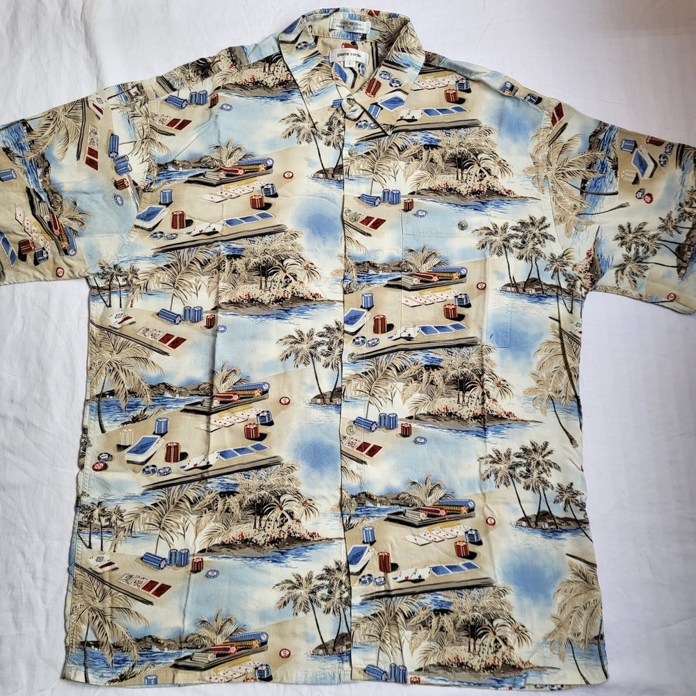 Pierre Cardin Hawaiian Shirt Gambling Poker Texas Holdem Large Rayon Card Player